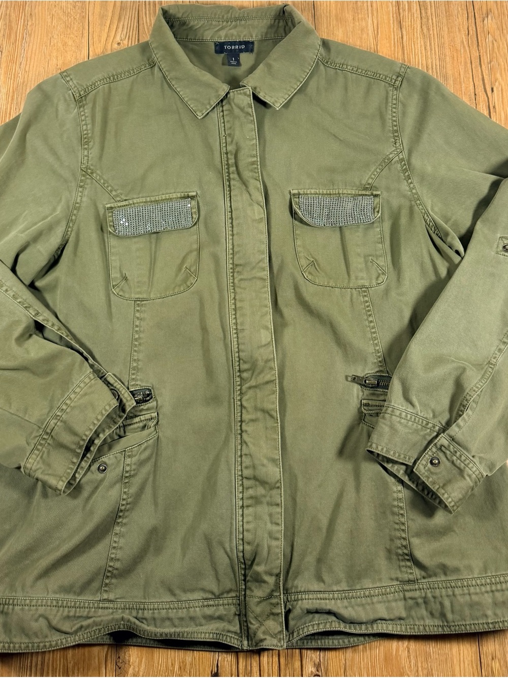 Torrid Size 1 Olive Green Utility Jacket Sequin Military Field Jacket